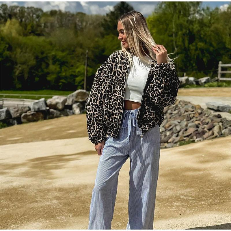 Fashion Leopard Zipper Long Sleeved Women's Jacket Retro Round Neck Street Casual Outwears Female Autumn Commute Coat