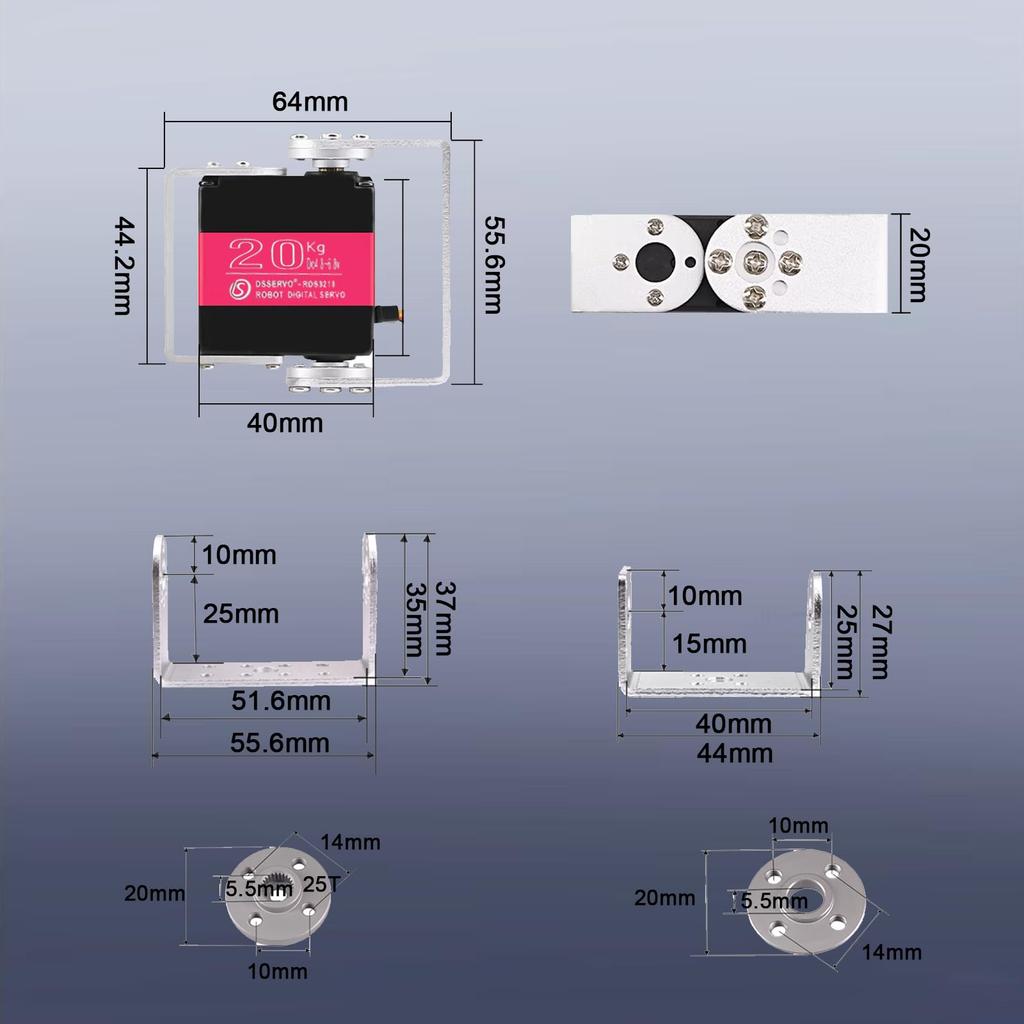 HiRCgo 2pcs 20KG Digital RC Servo (with U-Shaped Mount Bracket) RDS3218 Dual Shaft Full Metal Gear Steering Servo for Robot Arm