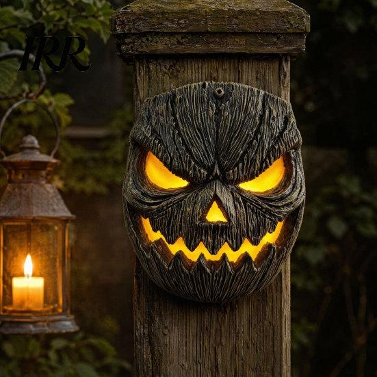 Spooky Pumpkin Lampshade Face Figurine, Wall Mounted Tree Statue, Hanging Resin Hugger for Outdoor Yard, Decor Porch Decoration