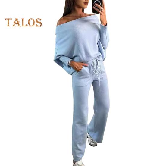 2 шт./комплект женский топ брюки комплект с открытыми плечами длинный рукав летучая мышь толстовка эластичный пояс расклешенные спортивные штаны спортивный наряд осенний повседневный спортивный костюм