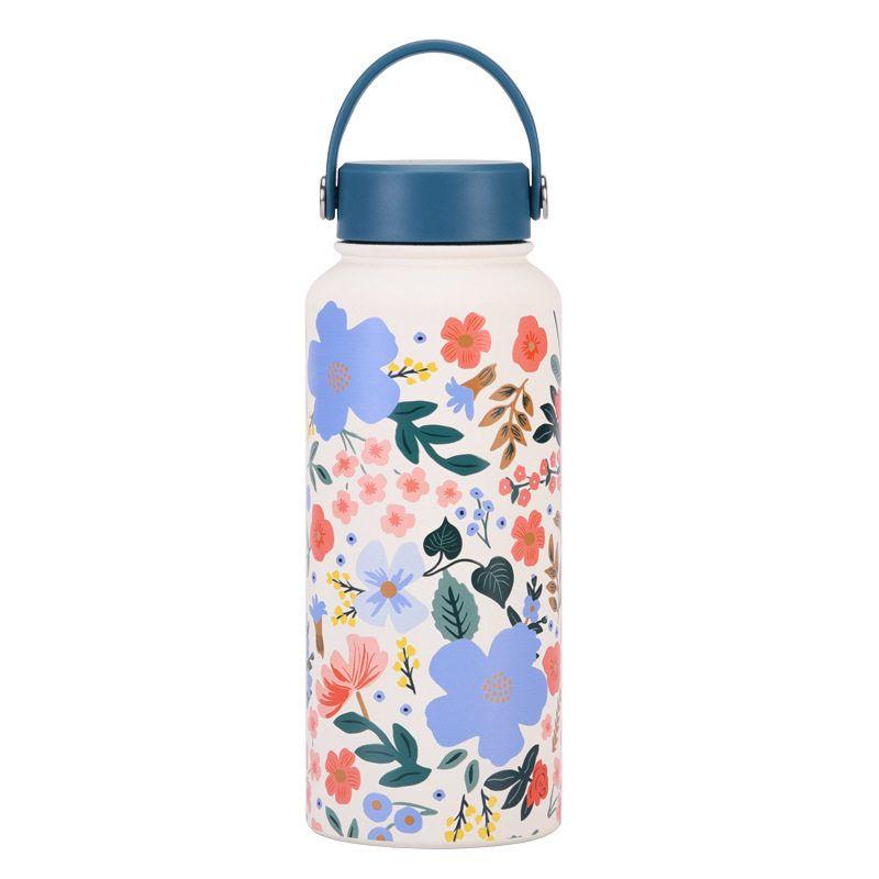2025 New Model 1L Large Capacity Thermos Cup with Wide Mouth, Portable Handle, Sports Water Bottle, Outdoor Printed Water Cup for Women