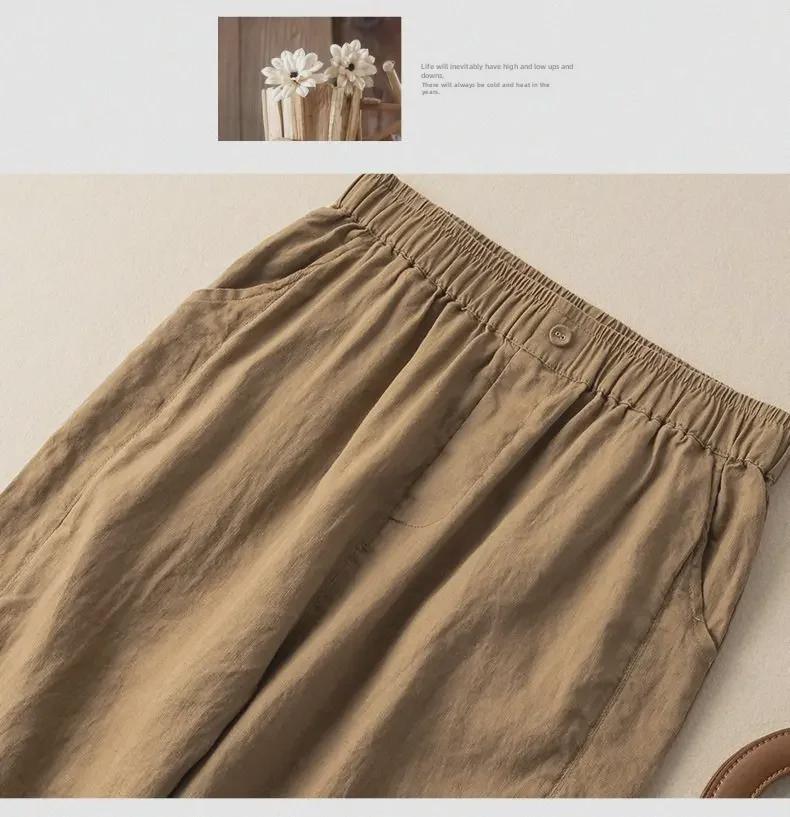 2024 Летние женские ретро-брюки-шаровары из хлопка и льна с эластичной резинкой на талии 
