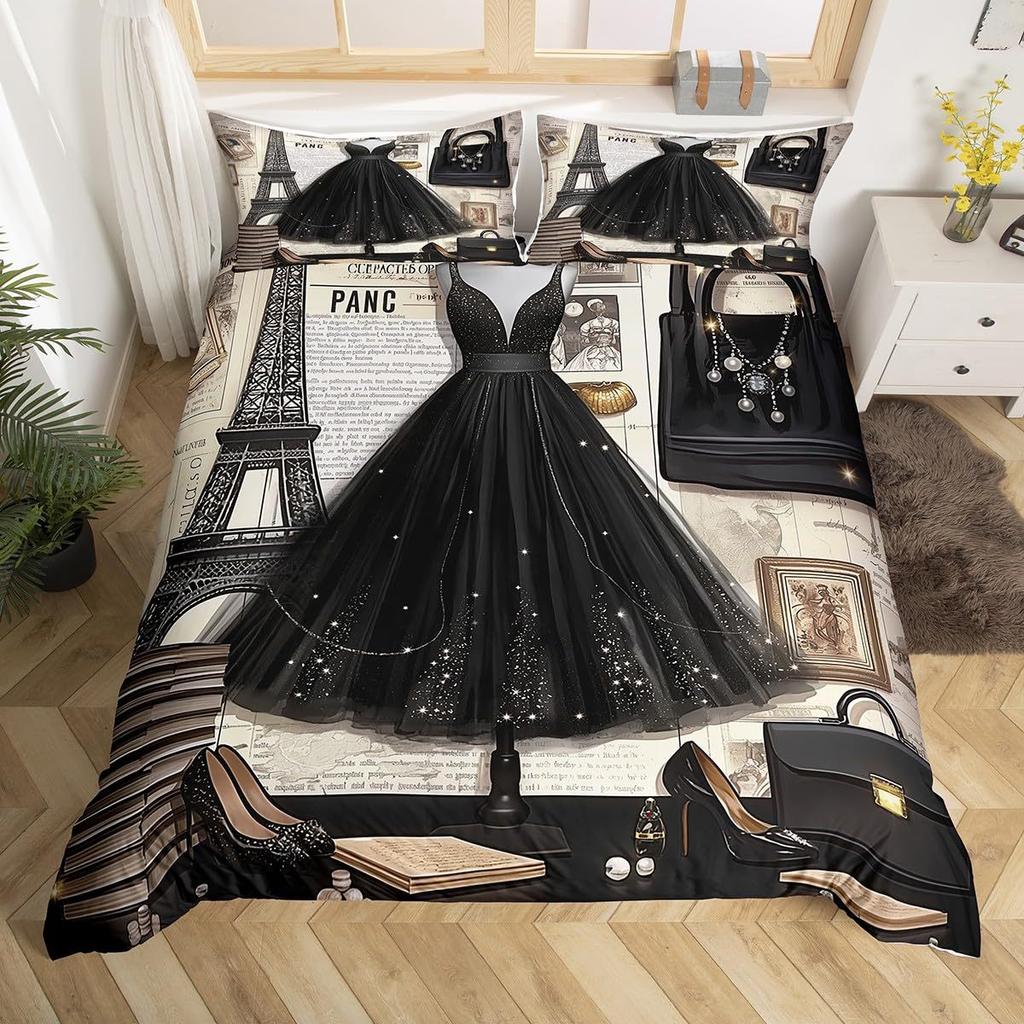 Fashion Eiffel Tower Duvet Cover Cherry Blossom Pattern Bedding Kit Modern Cityscape Print