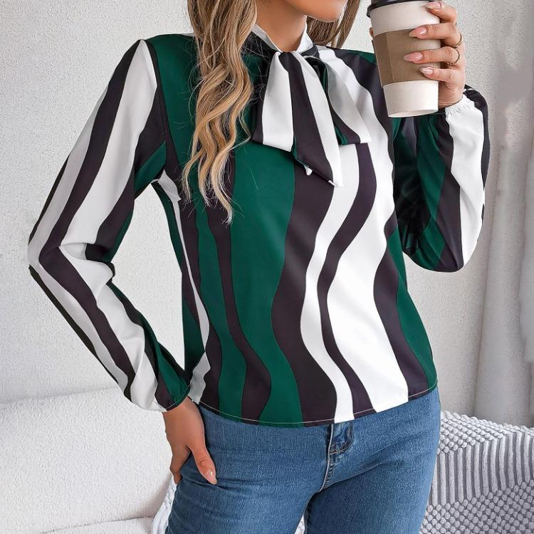 Fashion Women Long Sleeve Blouse Stripe Print Bow Collar Shirt Spring Autumn Top Temperament
