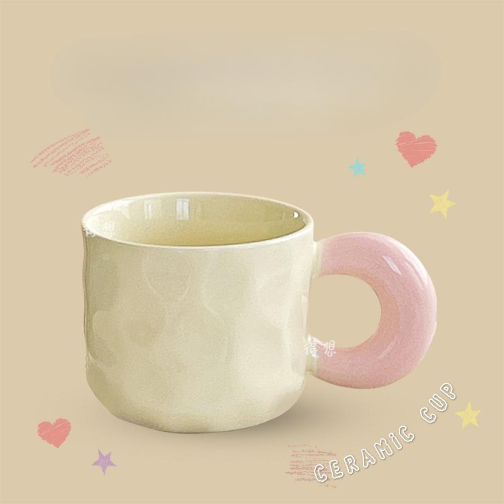 High Value Couple Cup with Lid Spoon Contrasting Color Hand Pinch Pattern Big Ear Ceramic Cup Office Home Coffee