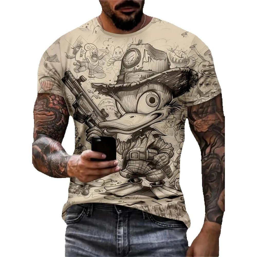Летняя мужская уличная повседневная одежда Винтажный 3D Забавный принт животного Короткий рукав Круглый вырез Оверсайз