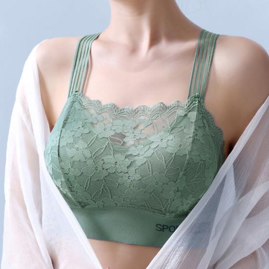 Women Elegant Bandeau Back Underwire Bra Anti Sagging Padded Wide Shoulder Straps Floral Lace Stitching Push Up Sport Breathable Brassiere Inner Wear