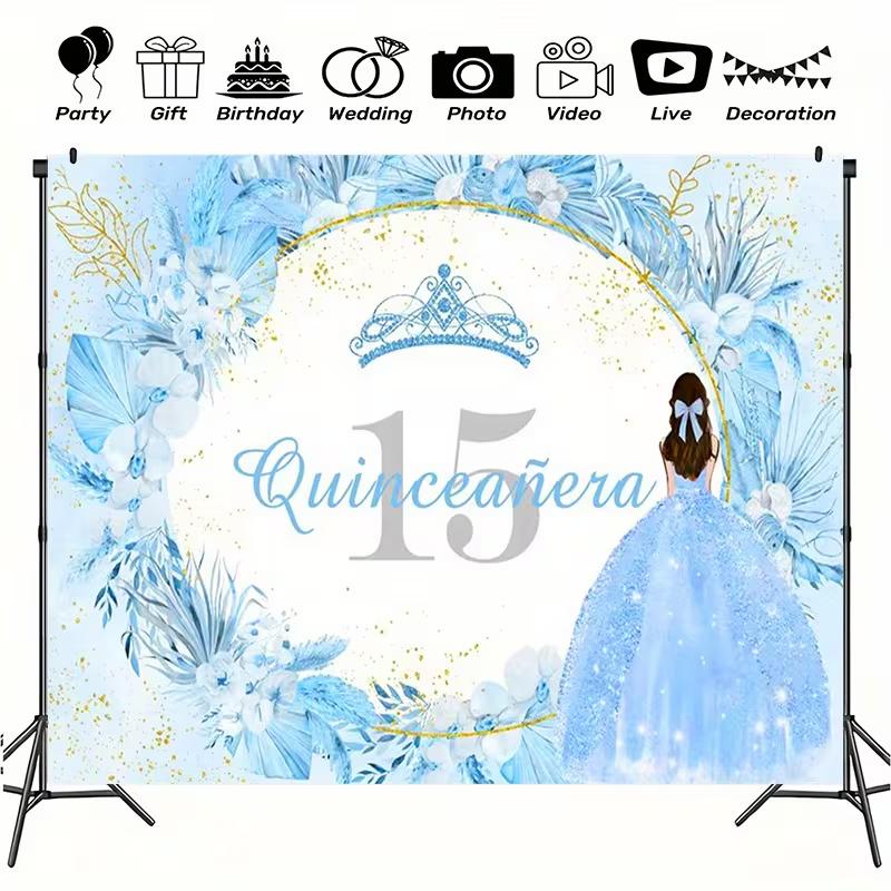 2D Blue & Gold Quinceañera Backdrop Princess Themed 15th Birthday Photo Booth Background