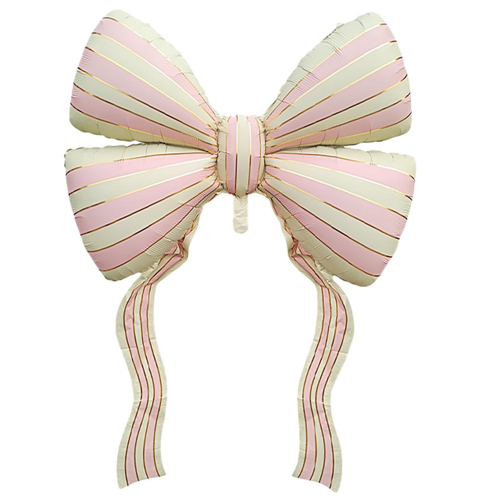 60-Inch Giant Striped Bowknot Foil Balloon, Helium-Supported Large Ribbon Mylar Balloon, Aesthetic Matte Pink Bow Shape Decorations