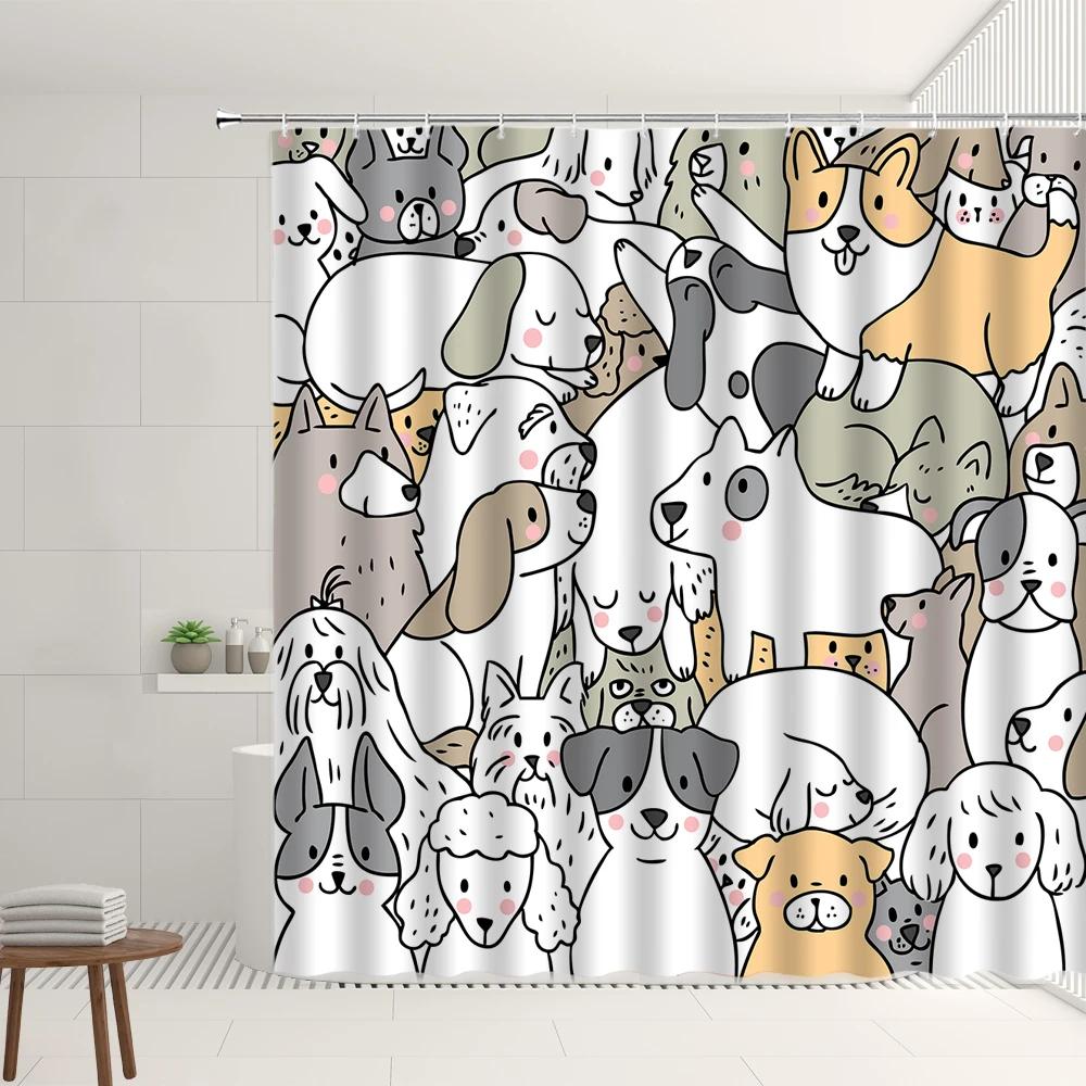 Cartoon Shower Curtain Set With Hooks Simple Watercolor Animals Pattern Children's Room Bathroom Bathtub Decor Screens Washable
