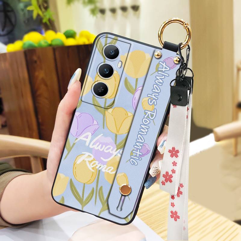 Phone Holder Durable Phone Case For Realme C65 Oil Painting Anti-dust Flower Silicone Shockproof Wristband Waterproof