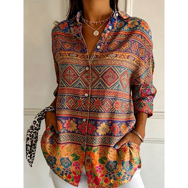 Women's Spring Summer Colorful Ethnic Floral Geometric Print Button Down Shirt, Casual Daily Printed Collared Blouse