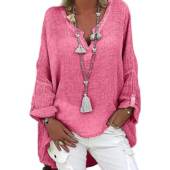 Женская рубашка с V-образным вырезом, длинным рукавом, средней длины, повседневные топы, однотонная свободная футболка из хлопка и льна, повседневная одежда