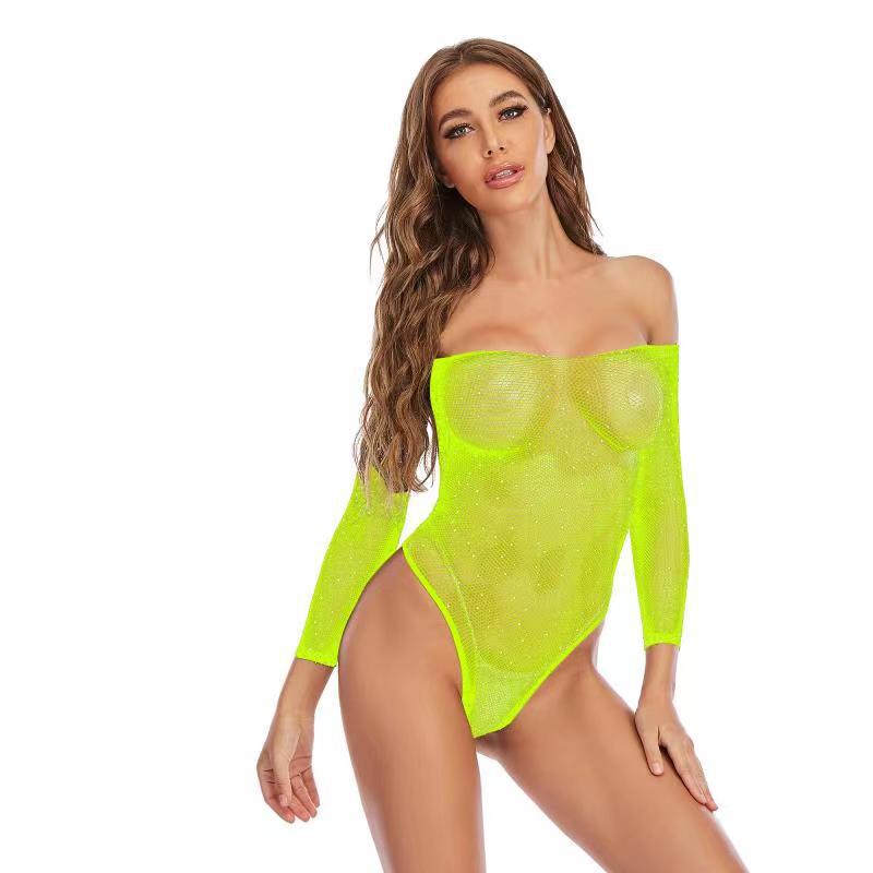 TZ09 Women's Hot Diamond Shiny Erotic Lingerie Long Sleeve Small Fine Mesh Diamond One-piece Net