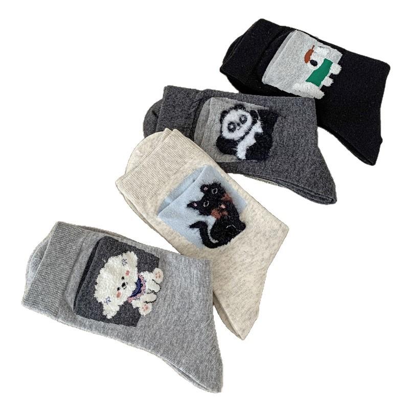 Мультяшные носки с кармашками для девочек, Милые котята и щенки, Модные носки до середины икры, Персонализированные махровые носки с флокированным рисунком животных