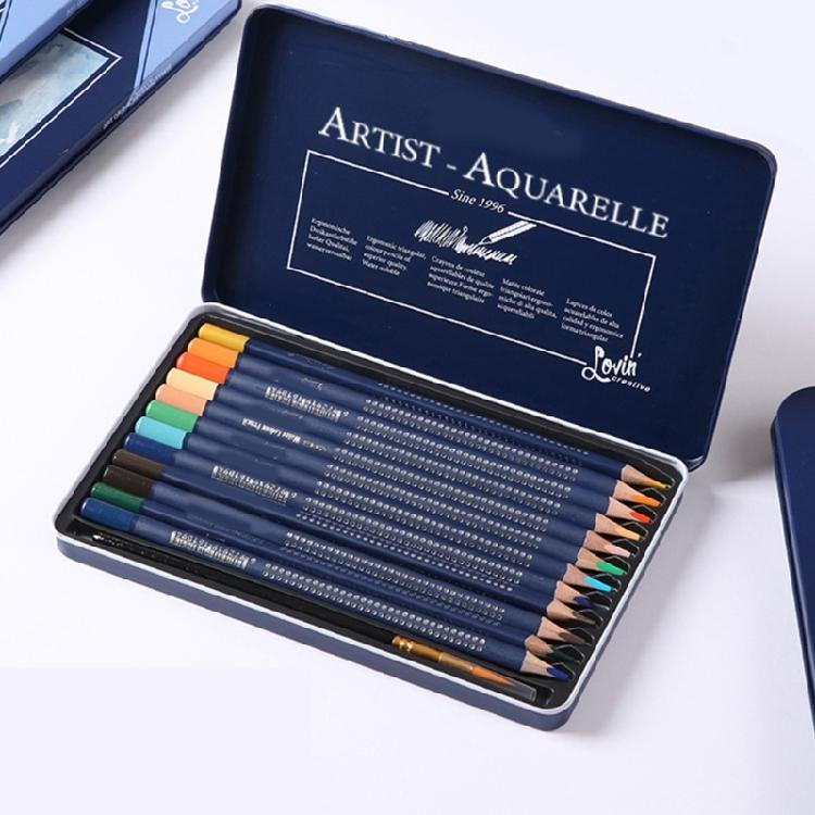 Watercolour Colouring Pencil Set with Brush Water-Soluble Coloured Pencils in Metal Case for Kid Adult Artist Coloring