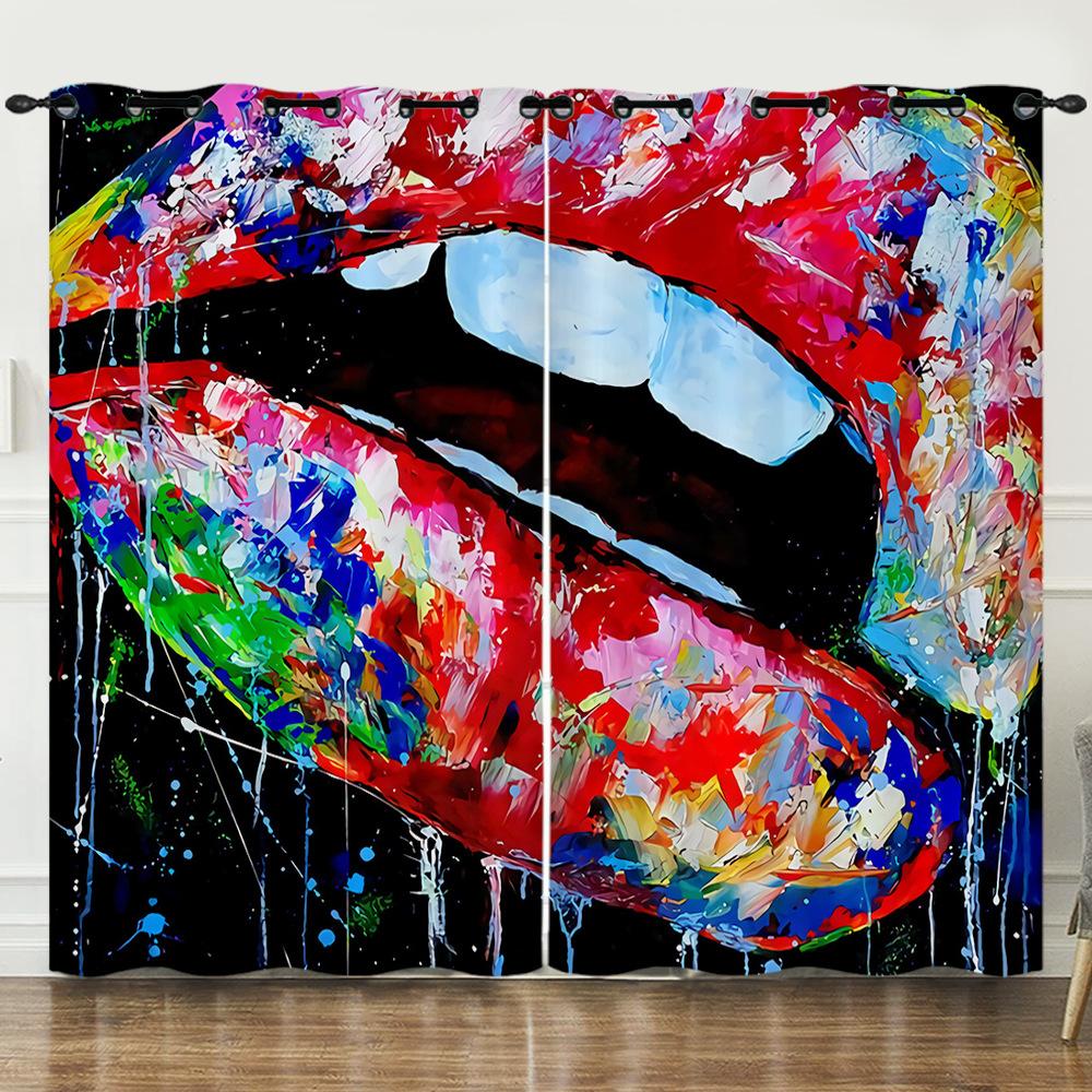 Curtains Sexy Lips Red Lips Oil Painting 3D Digital Printing Blackout Curtain Punching