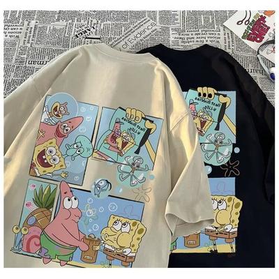 Футболка с коротким рукавом Губка Боб Квадратные Штаны Мужская Летняя Белая Майка Студенческая Футболка с круглым вырезом Рукав три четверти