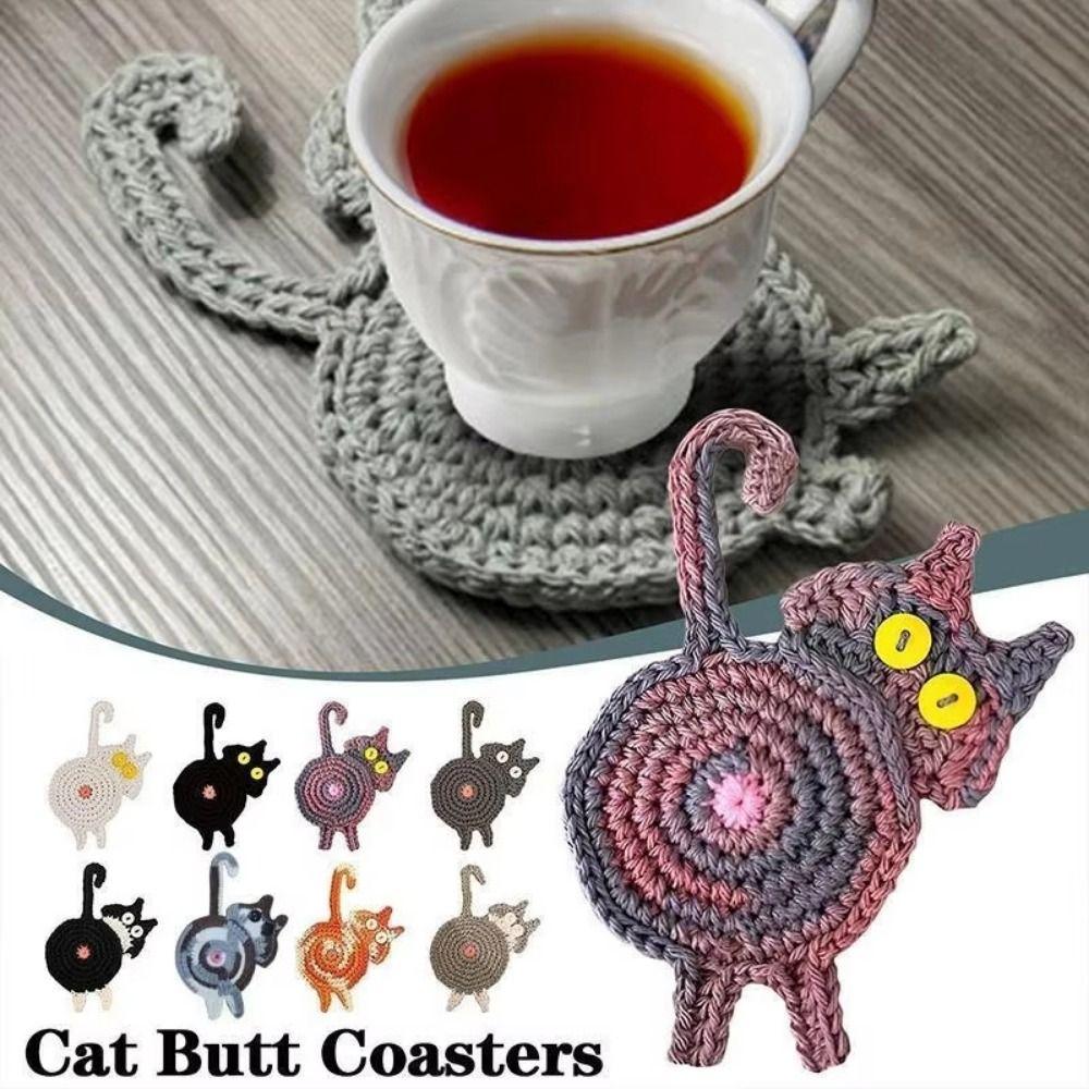 Cute Crochet Drink Mat Knitted Cute Cat Coasters Funny Cats Gift Mug Coaster Table Protection