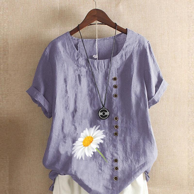 Women's New Fashion Linen Shirt Round Neck Short Sleeve Flower Printed T-shirt Summer Ladies Casual Plus Size Blouse Tops