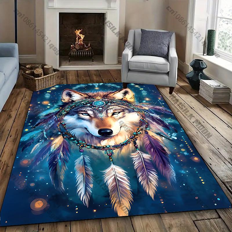Colorful Dreamcatcher Rug with Wolf and Flowers carpet for home sofa bedroom, gift