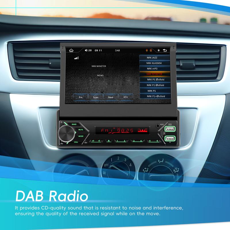 Podofo DAB+ 1Din 7'' MP5 Player Automatic/Manual Retractable Screen Multimedia Player Carplay Android Auto Type-C Car Stereo