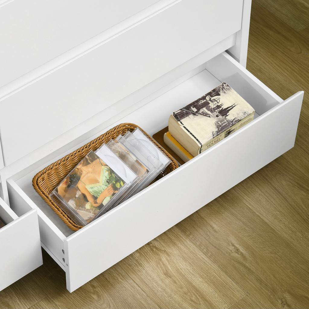 6-Drawer Chest of Drawers in White Chipboard for Bedroom, Study and Living Room, 140x37x75cm