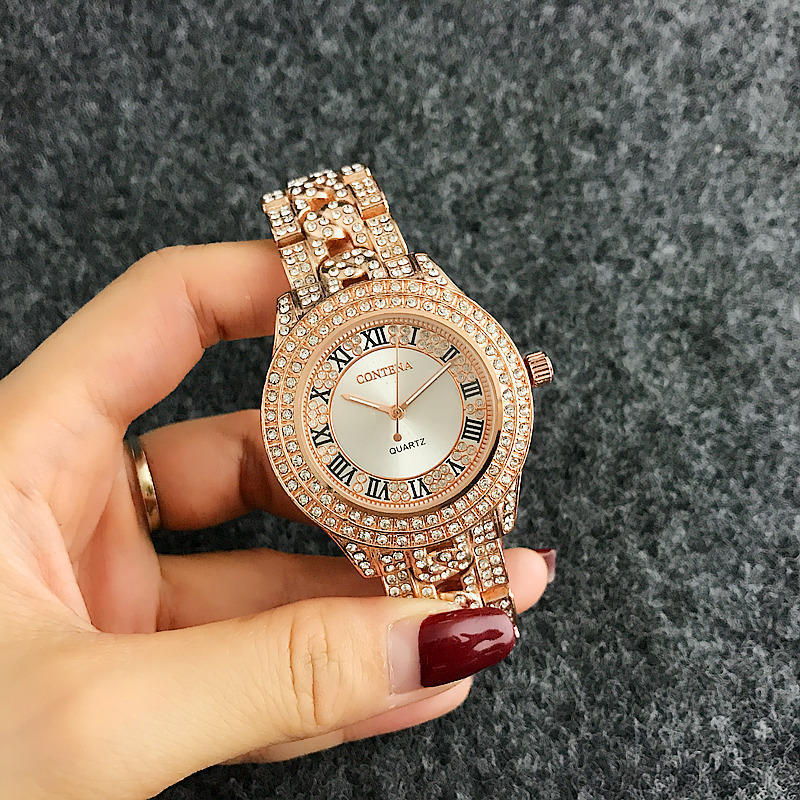 Новые полностью кристаллические часы Contena, роскошные часы, модные женские и женские кварцевые часы со стразами