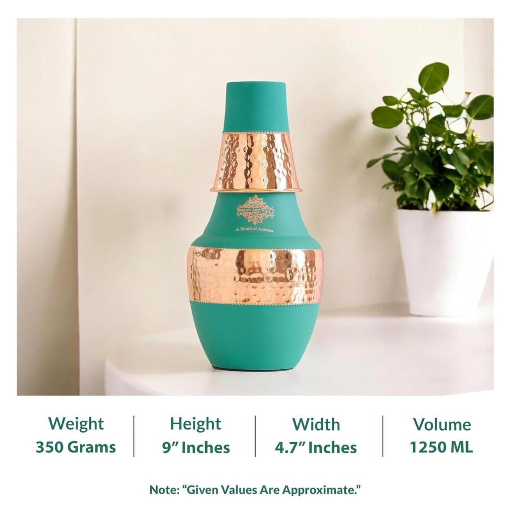 Pure Copper Bottle with Inbuilt Glass, Surahi Design Green Half Silk Half Hammered Finish, Drinkware & Storage Purpose - Volume 1.25 Litre (Pack of 2)