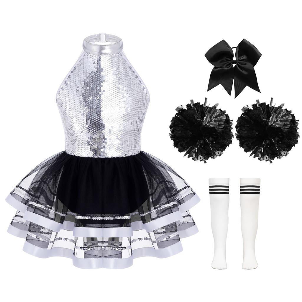 Girls Cheerleading Outfit Sleeveless Halter Sparkling Sequins Backless Tulle Tutu Dress Flower Balls Headwear Socks Set