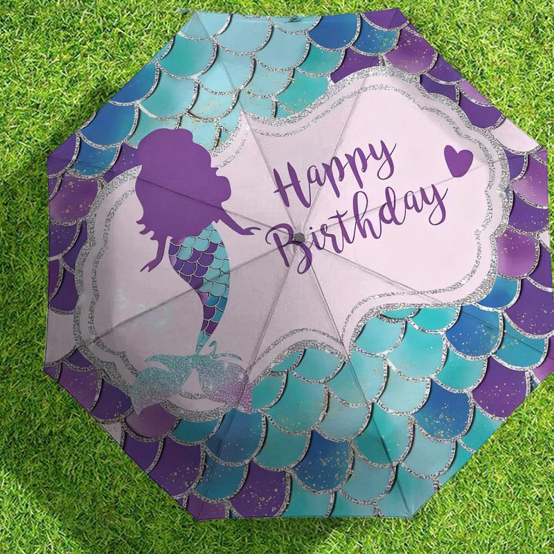 1 шт. Автоматический складной зонт «Счастливого дня рождения» с русалкой, Прочная конструкция с 8 ребрами из железного каркаса, Подходит для путешествий, Ежедневного использования, Дня рождения, Декоративный подарок m0104036