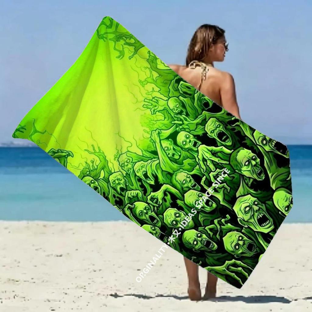 Neon Green Zombie Horde Beach Towel Patterned Sunscreen And Windproof Suitable For Swimming Pool Camping Travel