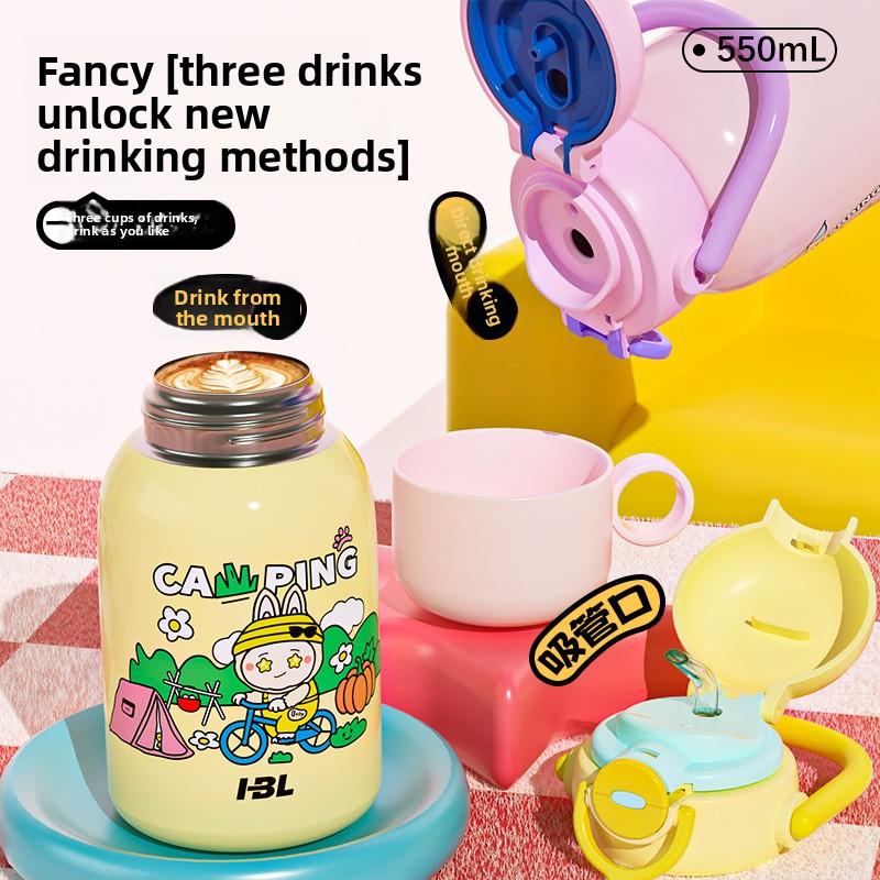 Милая мультяшная детская чашка-термос большой вместимости, с высокой ценностью, с двойной соломинкой для питья, портативная уличная чашка для воды для мальчиков и девочек