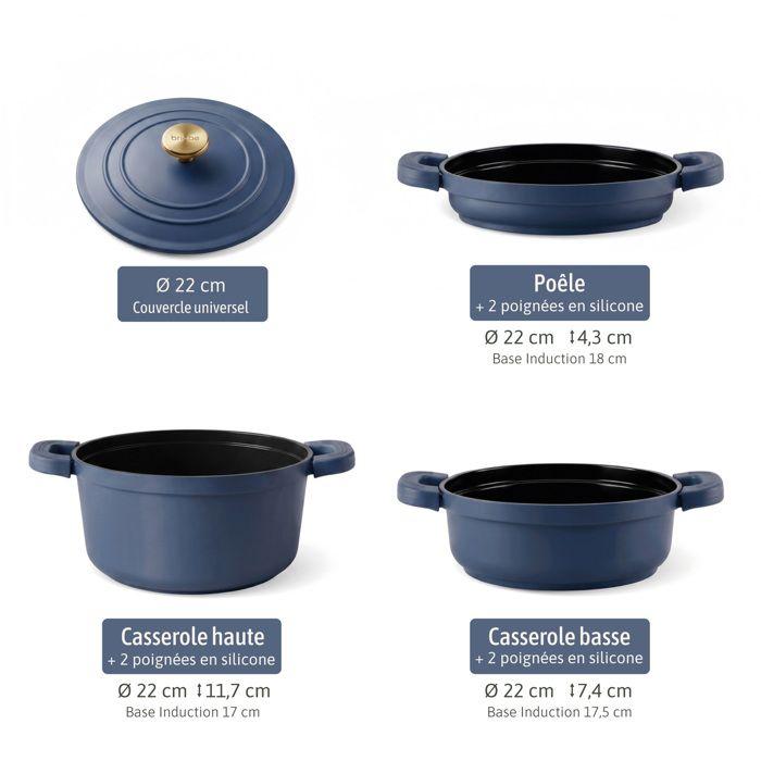 Batterie Cuisine Induction Empilable, Antiadhésif Céramique sans PFOA, 4 Pièces, Briebe Totem, 22 cm, KB1208BLU