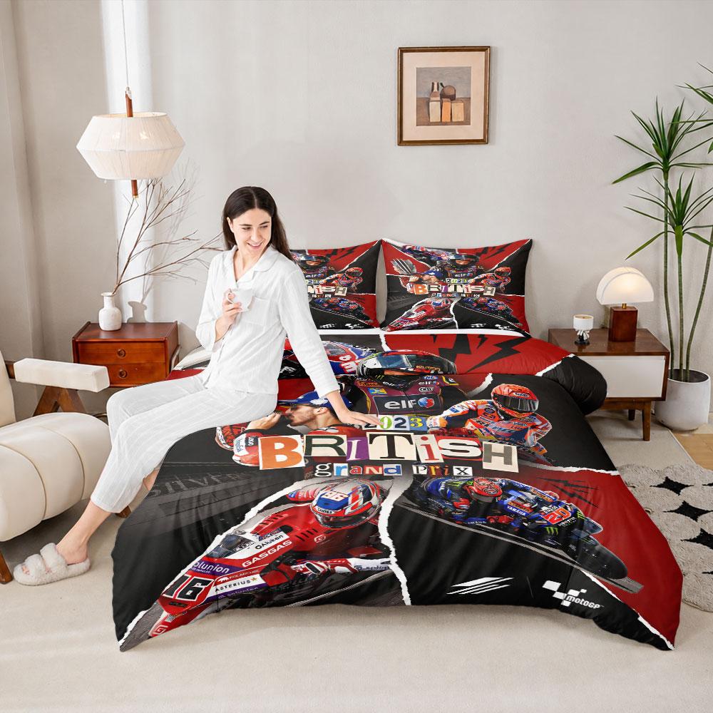 Retro British Grand Prix MotoGP Poster Red Duvet Cover with Pillowcases, Simple Elegance Duvet Cover Set