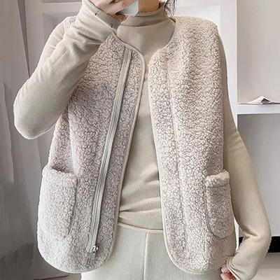 Осень-зима женское короткое пальто из овечьей шерсти винтажное теплое хлопковое пальто без рукавов женская повседневная жилетка большого размера