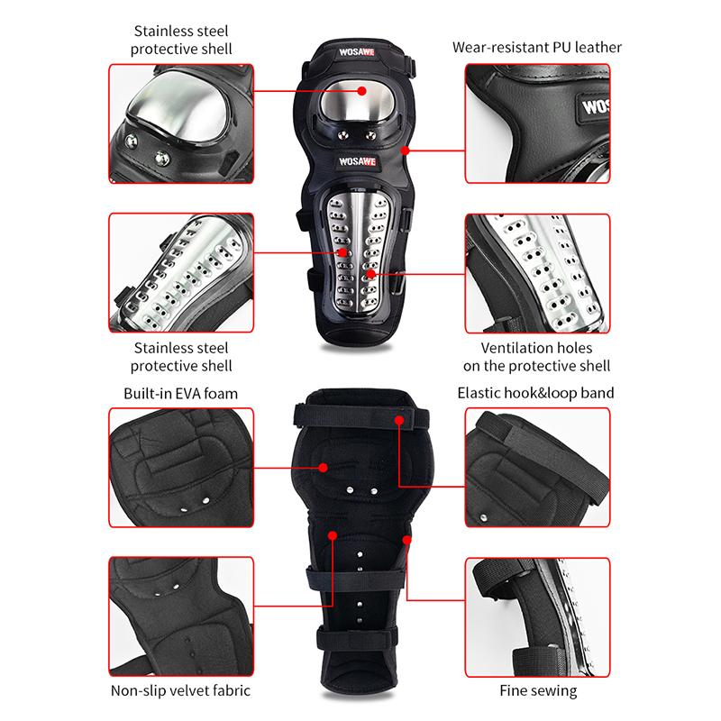 WOSAWE Motocross Racing Stainless Steel Protective Gear Motorcycle Knee Pads Knee Protector Equipment Off-road Elbow Guards