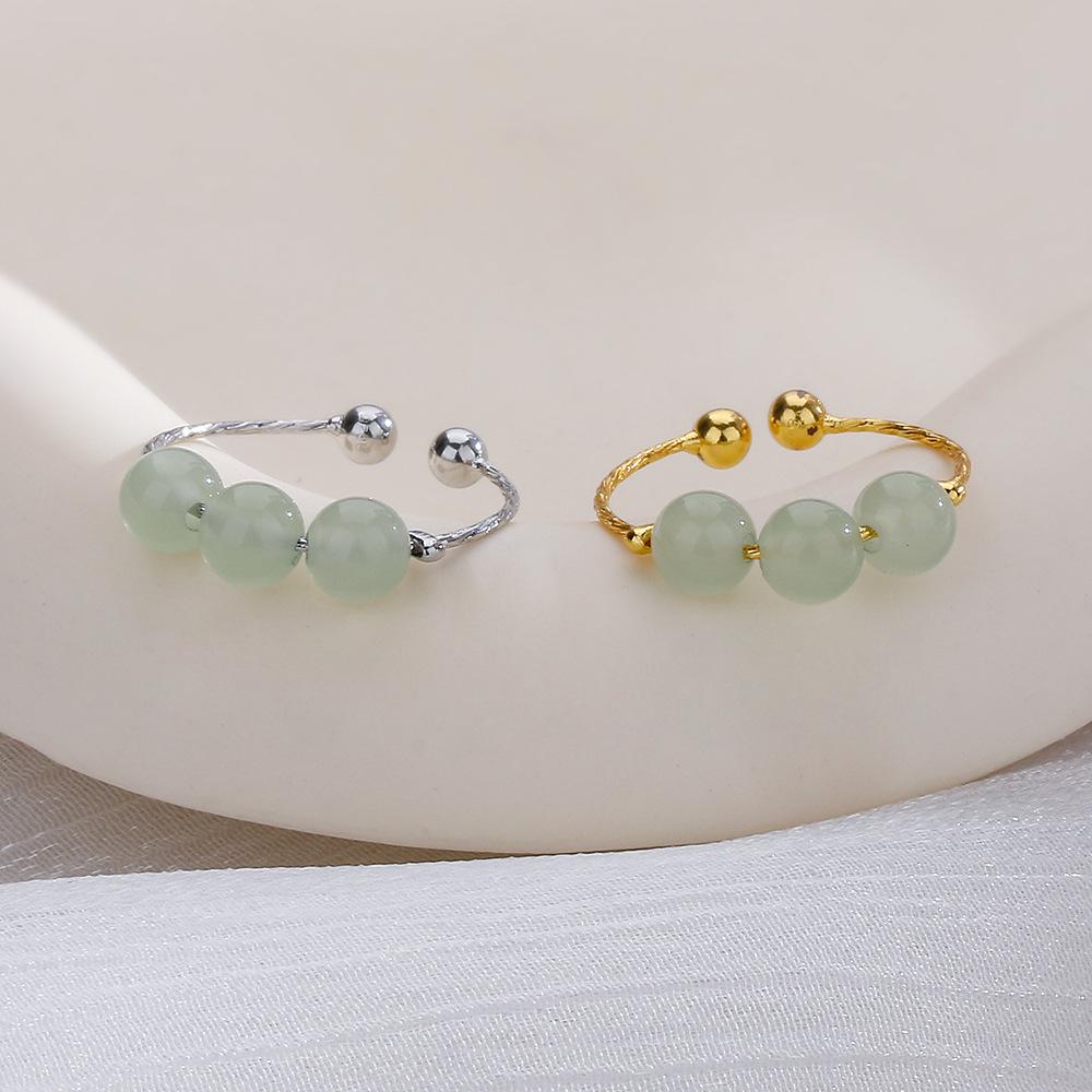 Chinese Jade Round Bead Index Finger Ring Guochao Ethnic Style Retro Gold Three Hetian Jade Ring With Adjustable Opening