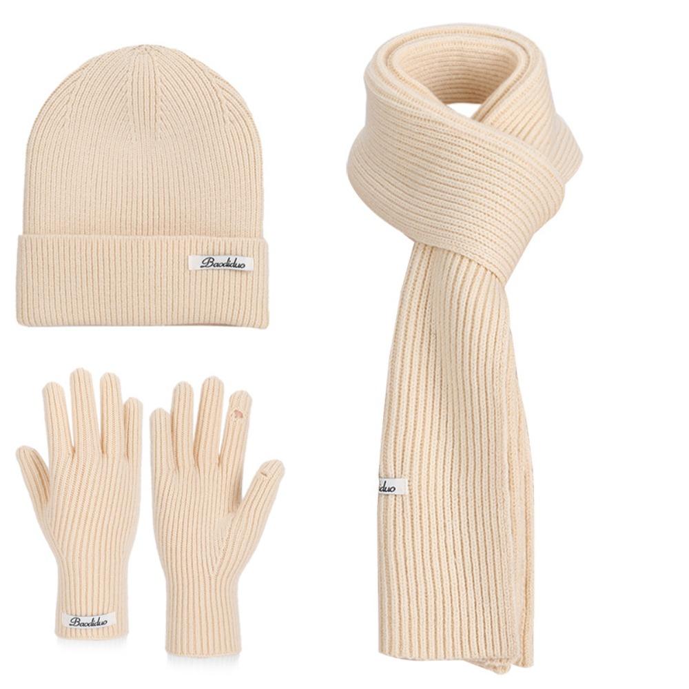 Solid Color Hat Scarf Gloves Set Warm Winter Beanie Hat Neck Protector Thermal Knit Cap  Skiing
