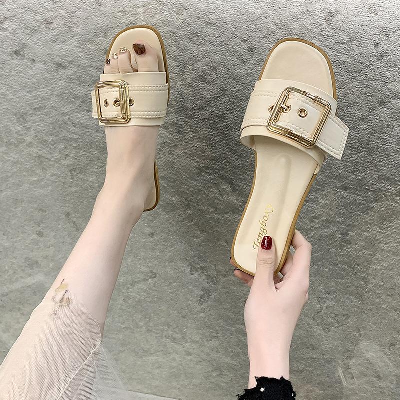 Slippers Women's Summer Is Good To Wear Square Buckles, One-word Drag Women's Flat-bottomed Sandals Are Fashionable and Casual