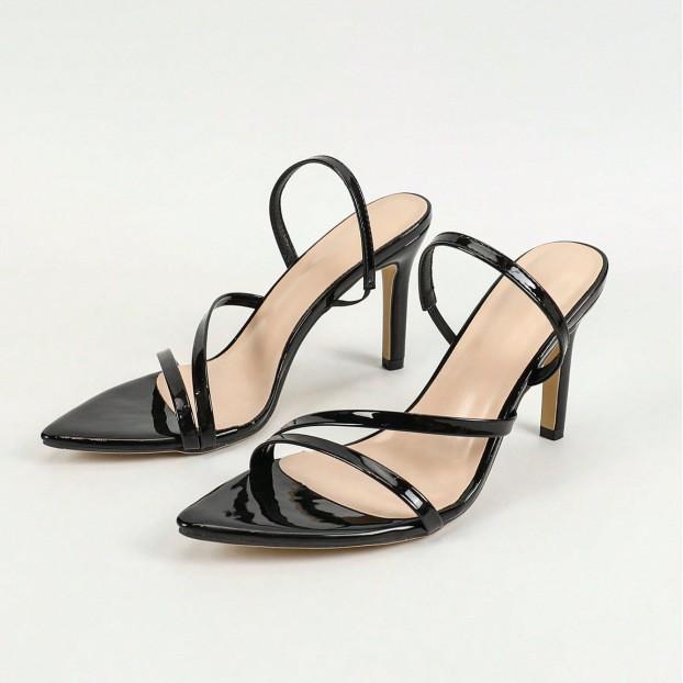 Лакированные туфли-лодочки с острым носком и ремешком на щиколотке сзади, великолепные модные вечерние туфли на высоком каблуке-шпильке