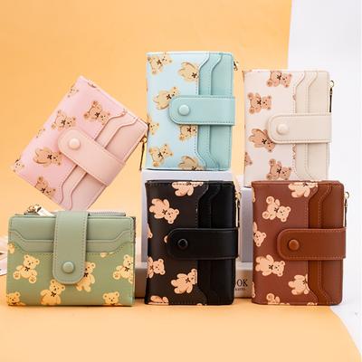 Женские короткие кошельки из искусственной кожи, женские кошельки с двумя отделениями, милый кошелек с держателем для карт в виде медведя для девочек, маленький кошелек на молнии с кошельком для монет