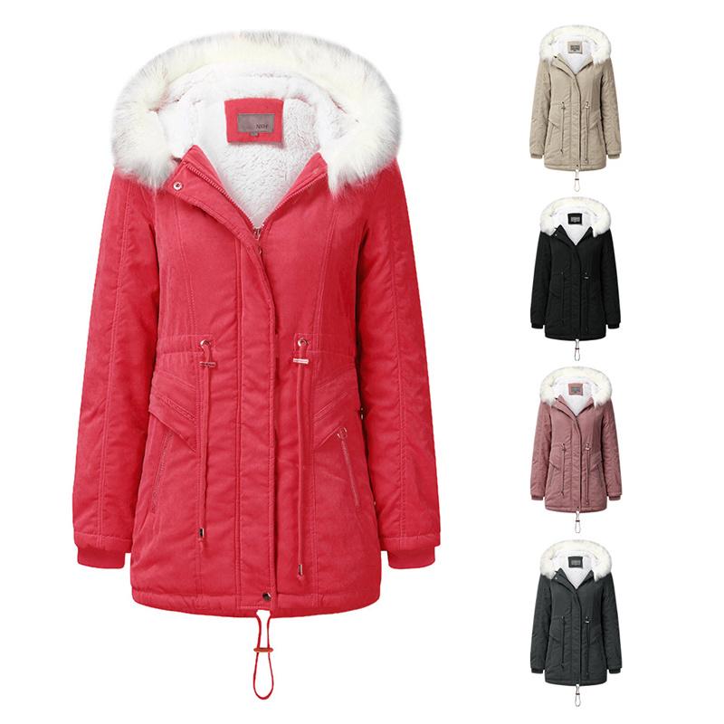 Women's Fashion Cotton Coat Mid-length Hooded Winter Warm Plus Fleece Coat Cotton Coat