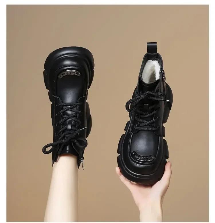 Women'S Winter New Brown Leather Plush Warm Ankle Snow Boots Platform Comfortable Anti Slip Lace Up Cold Proof Cotton Shoes