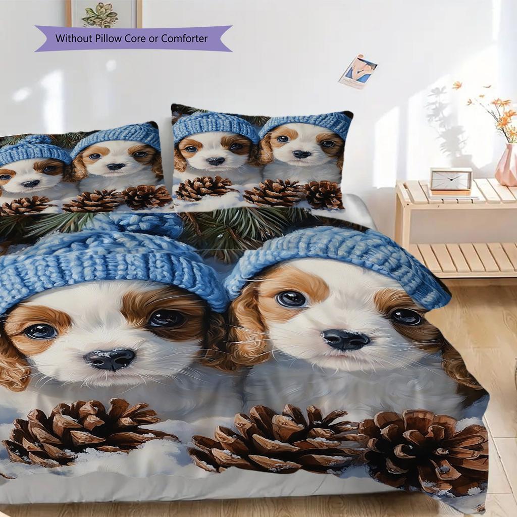 Puppy Pattern Bedding Quilt Set Quilt Cover Pillowcase Home Decoration Birthday Gift (1 * duvet cover + 2 * pillowcase, without core)