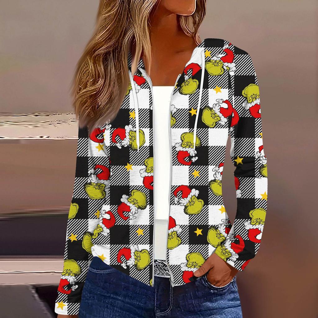 Women's Fashion Christmas Print Casual Zip-Up Long-Sleeved Hooded Jacket