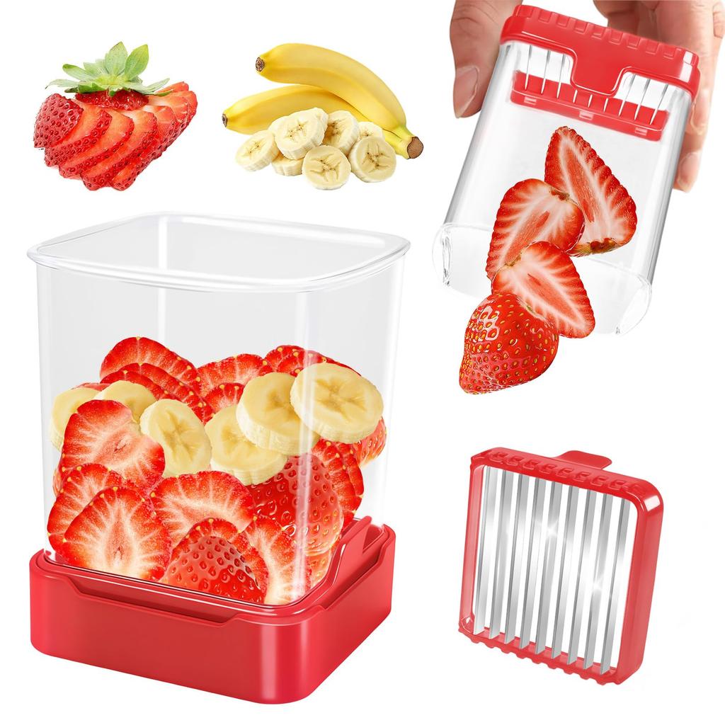 Fruit Slicer Cup for Strawberry, Banana, Hard-Boiled Egg - Detachable Cutter with Push Plate - 304 Stainless Steel Blade - Rapid & Safe Slicing