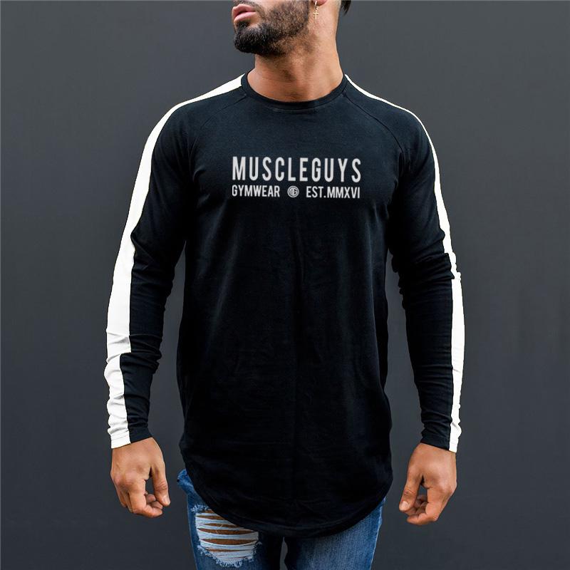 Muscleguys Letter Printed Long Sleeved T-Shirts Mens Sports Undershirts Color Block Tees
