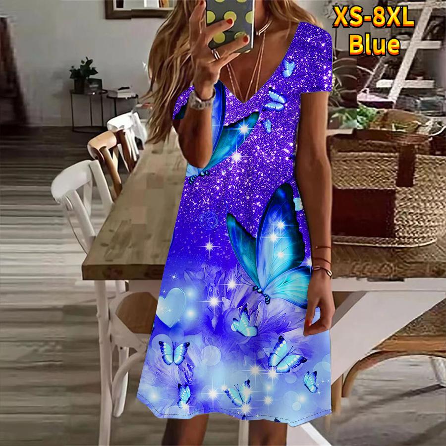 Летнее модное женское платье с v-образным вырезом и коротким рукавом, сверкающее синее платье с принтом бабочек, сексуальное платье