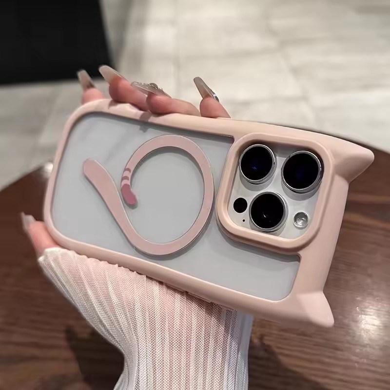 Ins Cute Cat Tail Magsafe Phone Case For iPhone 16 15 14 13 11 12 Pro Max Cat Ear Bumper Transparent Shockproof Hard PC Cover